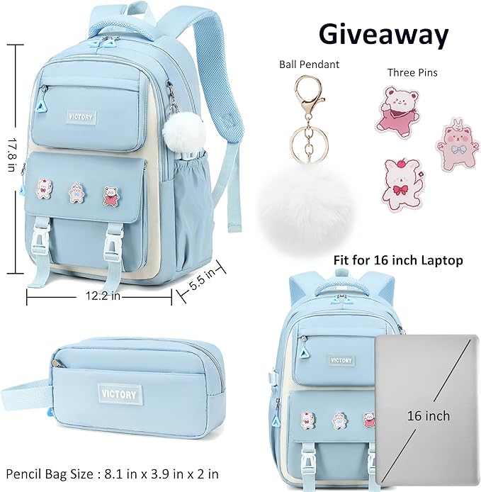 AO ALI VICTORY Backpack for Women Girls Set with Pencil Case 15.6 Inch Laptop School Bag Kids Elementary College Backpacks
