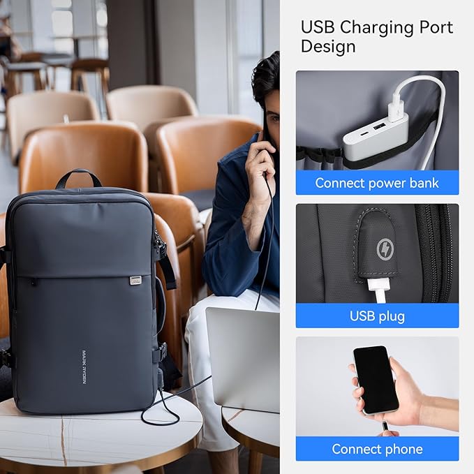 MARK RYDEN Travel Backpack for Men, 40L Airline Approved Carry on Backpack with USB Charging Port, 17.3 Inch Waterproof Business Laptop Backpack