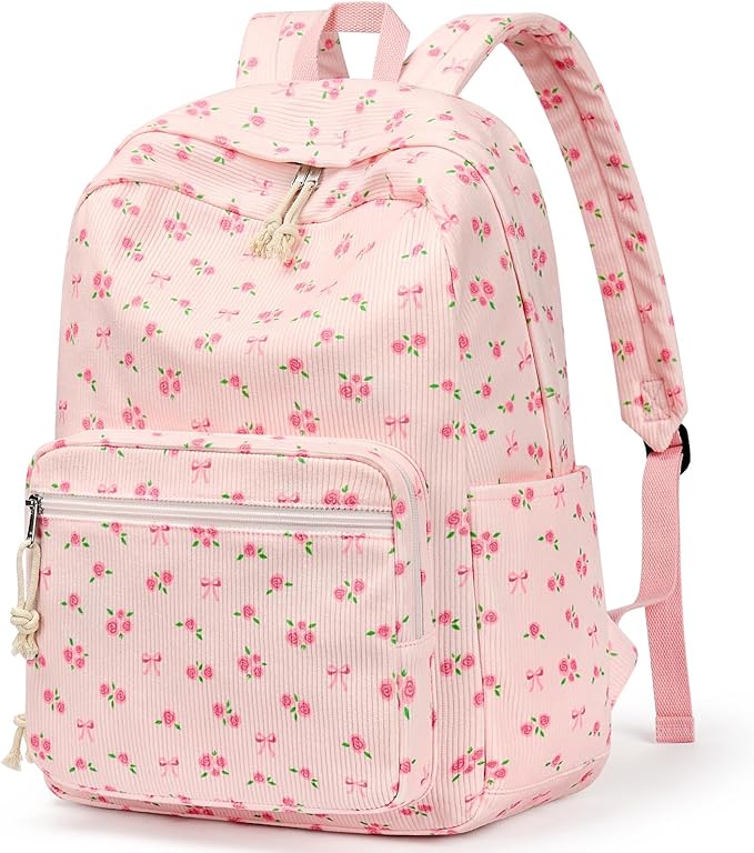 mibasies School Backpack for Girls with Laptop Sleeve: 18IN Large Capacity Corduroy Bookbag for Primary Middle School/College, Travel Daypack for Teens Women - Pink Flower Bow