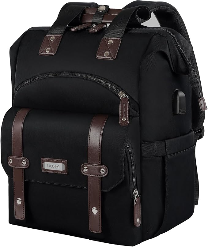 Laptop Backpack For Women, Work Doctor Teacher Nurse Wide Open College 15.6 Inch Laptops Backpack Purse with USB Charging Port, Travel Water Resistant RFID Computer Bag for Men Women Black