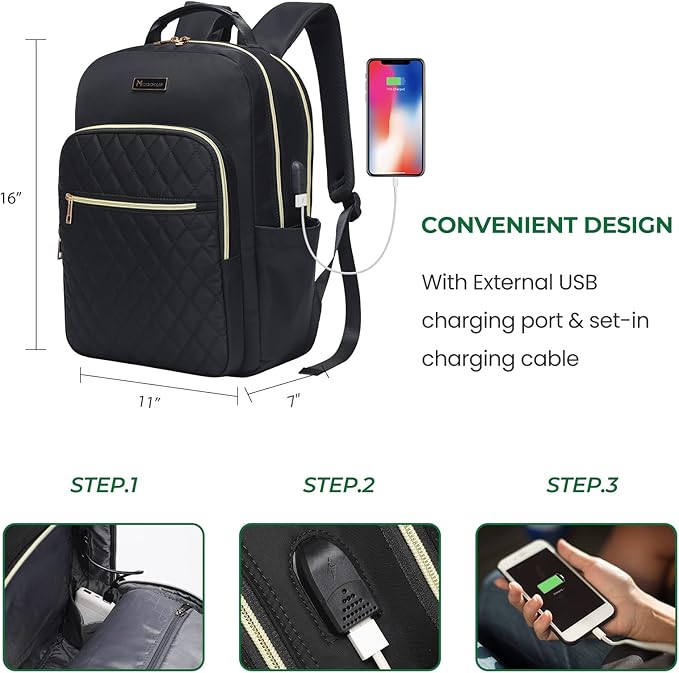 Modoker Eco-Friendly 15.6 Inch Laptop Backpack, Quilted Work Backpack for Women Bookbag Teacher Backpack with USB Charging Port, Travel Backpack Purse for Women Nurse, Black
