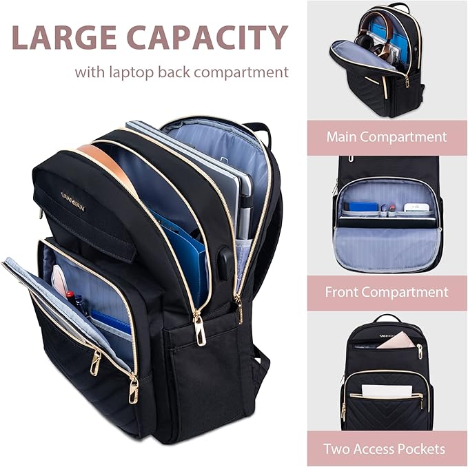 VANKEAN Laptop Backpack for Women with USB Port, Laptop Computer Bag Travel Backpack Purse,Waterproof Work Business Backpack College Teacher Bags, Black