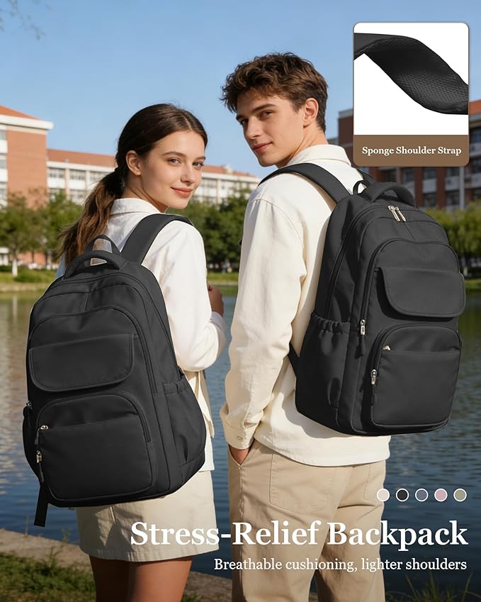 Black School Backpack for Women Men Cute Backpack for College Students Lightweight High School bag for Teens Girls Boys Waterproof Casual Daypacks Bookbag