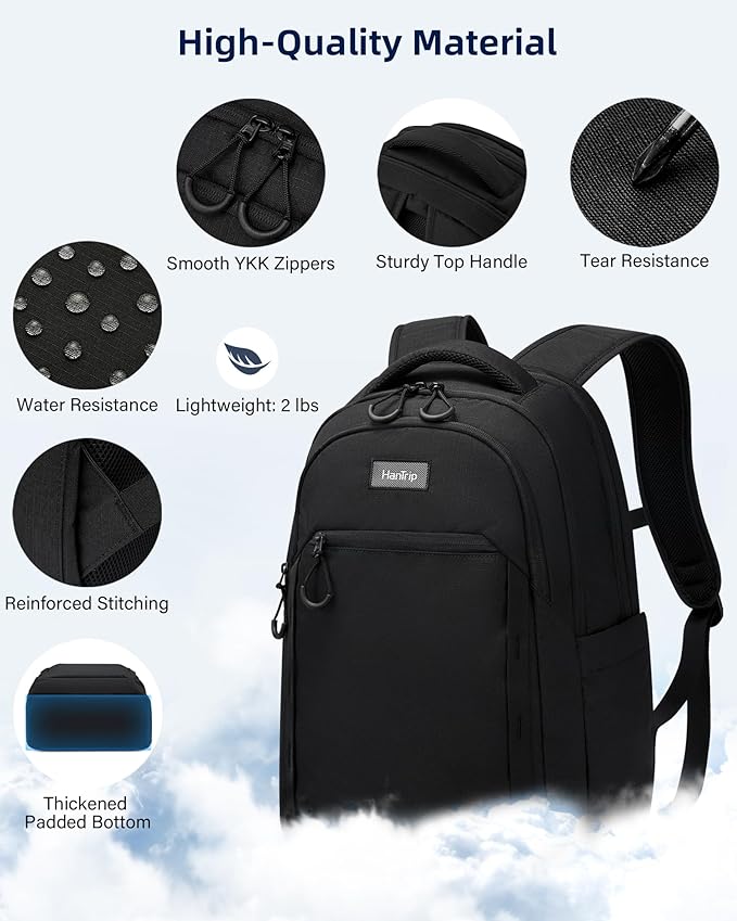 Travel Laptop Backpack for Women Men, 18 Inch Large Work Backpack for Commuter College School Book Bags, Water Resistant Backpack with Luggage Strap Water Bottle Pocket Chest Strap, Black