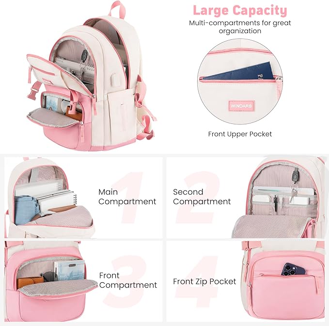 Backpack for School Girls, Cute High School Backpacks for Teens Women Student Large Bookbag 15.6 Inch Laptop Bag with USB Charger Port for College Work Travel Trip (Pink Beige)