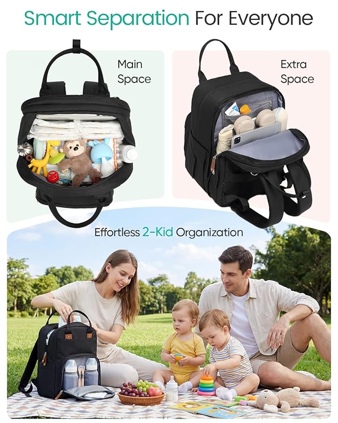 Extra Large Diaper Bag Backpack for Two Kids Twins - Expandable Baby Bag (26-36L), Dual Big Compartments - Includes Changing Pad & Stroller Straps, Unisex Black