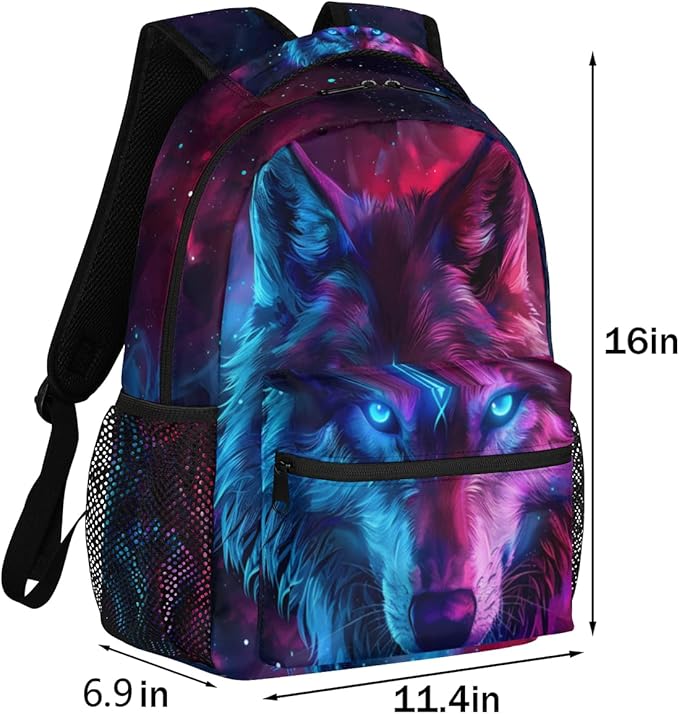 Pardick Galaxy Wolf Backpacks for Boys Girls Kids Rainbow Wolf Lightweight 16 Inch School Backpack Laptop College Bookbag Travel Casual Daypack Hiking Camping Computer Rucksack Medium