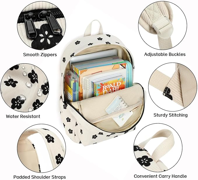 School Backpack for Girls Laptop Backpack for Teen Women Preschool Kindergarten Elementary Kids Bookbags Travel Daypack with Lunch Bag and Pencil Case (Corduroy Floral)