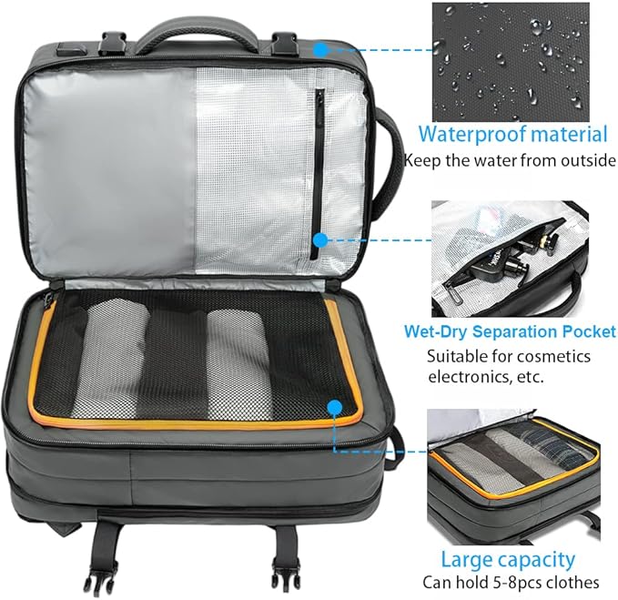 BANGE 45L Carry-on Backpack, Expandable Travel Backpacks for Airplanes,Convertible Weekend Backpack Briefcase for Traveling,Water Resistant College 17.3” Laptop Backpack for Men & Women
