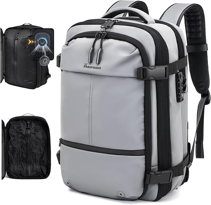 Travel Backpack with Vacuum System,60L Expandable Vacuum Backpack Travel with Built-in Pump,17.3 inch Laptop Backpacks Carry On Backpack with TSA Lock(Grey,Built-in Air Pump)