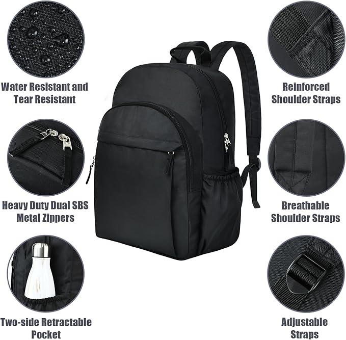 Classical Basic Black Backpack for School, Water Resistant Bookbag for Boys Girls, Travel Laptop Backpacks, Work Back pack for Men, Book Bags for College Students (Black)