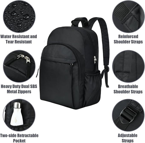 Classical Basic Black Backpack for School, Water Resistant Bookbag for Boys Girls, Travel Laptop Backpacks, Work Back pack for Men, Book Bags for College Students (Black)