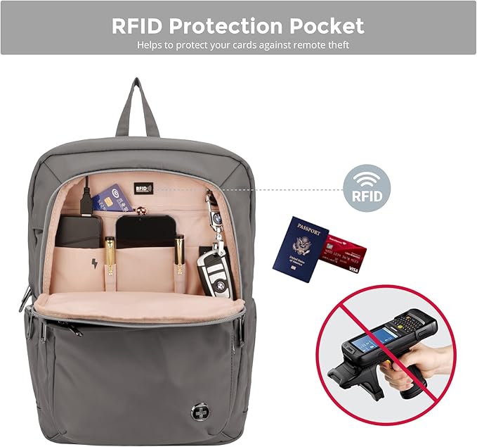 Swissdigital Design Laptop Backpack for Women，Travel Backpack with USB Charging Port，Fits 15.6 Inch School Computer Backpacks for Work Business,Grey | SD1006F-02