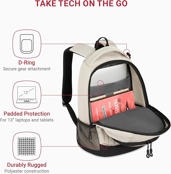 SwissGear 1186 Special Edition 13” Laptop Backpack Cream/Black– Compact Tech Bag with Reflective Accents – Multiple Organizer Pockets with Bungee Cords & D-ring Attachment Point