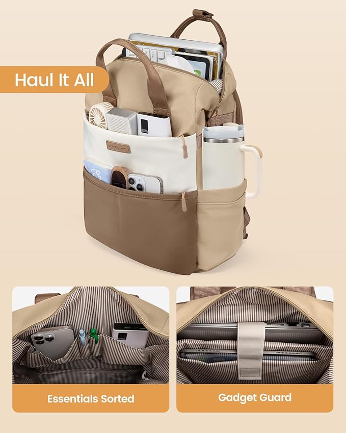 LOVEVOOK Laptop Backpack for Women, 15.6 Inch Work Travel Backpack Purse for School College Bookbag for Teen Girls Cute Computer Backpack for Teacher Nurse Business, Coffee-Beige