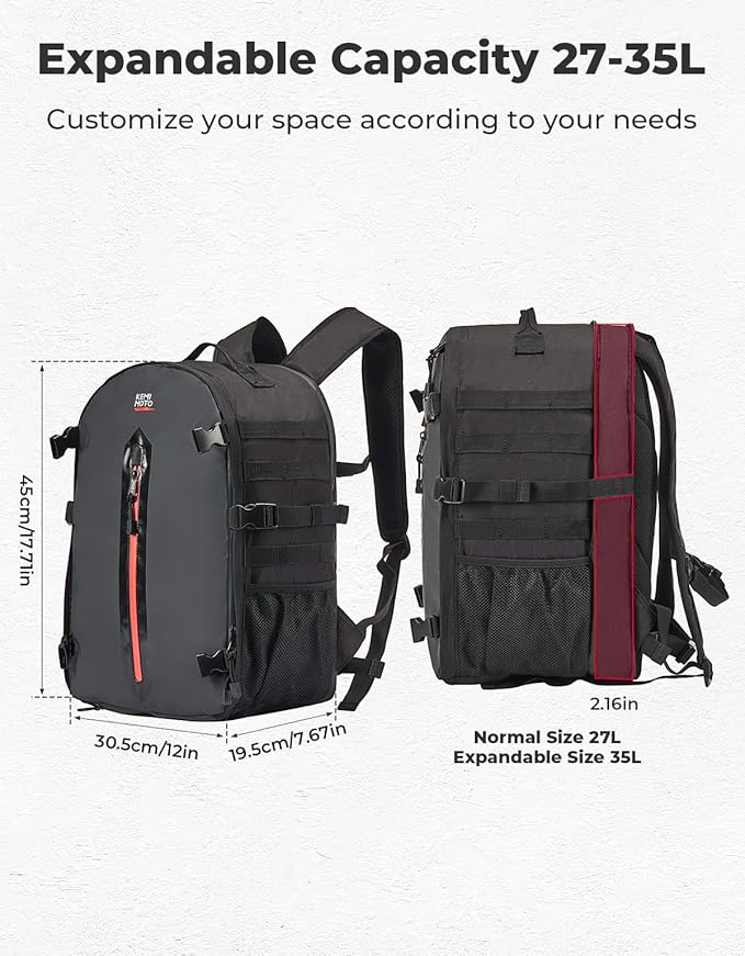 KEMIMOTO Motorcycle Helmet Backpack, 35L Storage Bag with Expandable Hidden Net for Full Face Helmet, Riding & Daily Commute Gift for Men