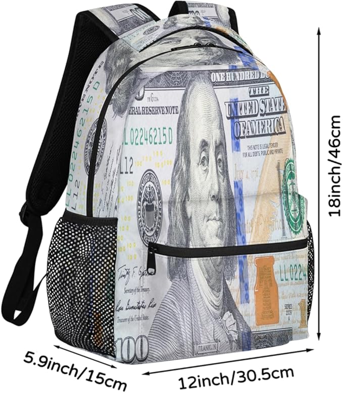 Pardick Dollars Money Backpack for Kids Girls Boys Lightweight School College Students 18in Bookbag Large Capacity Computer Backpacks Laptop Rucksack Travel Gym Hiking Camping Daypack