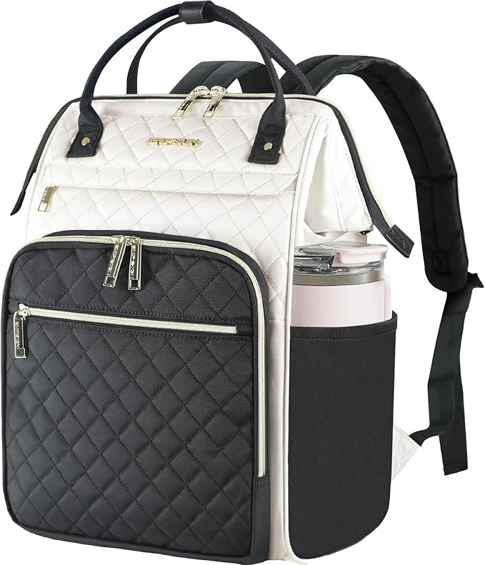 EMPSIGN 17 Inch Laptop Backpack for Women, Work Business Travel Computer College Bags, Large Capacity Water-repellent Quilted Casual Daypack with USB Port, Beige-Black
