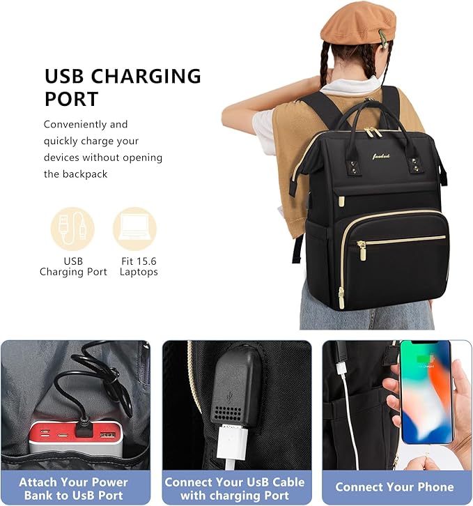 Backpack for Women 15.6 Inch Laptop Backpack Work Business Backpacks Purse Waterproof Computer College Backpacks Nurse Bag Backbag 2 Sets Casual Daypack for Travel Black