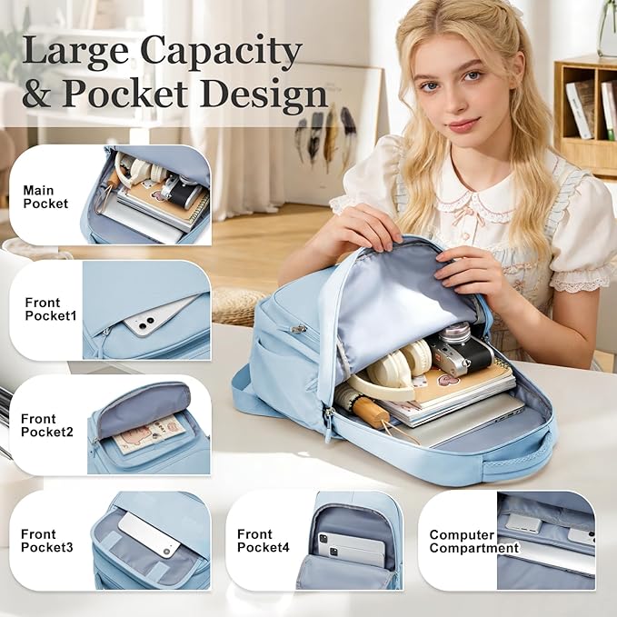 Cute School Backpack for Teens Girls Boys Waterproof School Bag Basic Backpack for College Students Multi Pocket Backpack Lightweight Casual Daypack Backpacks for Women Men（Blue）