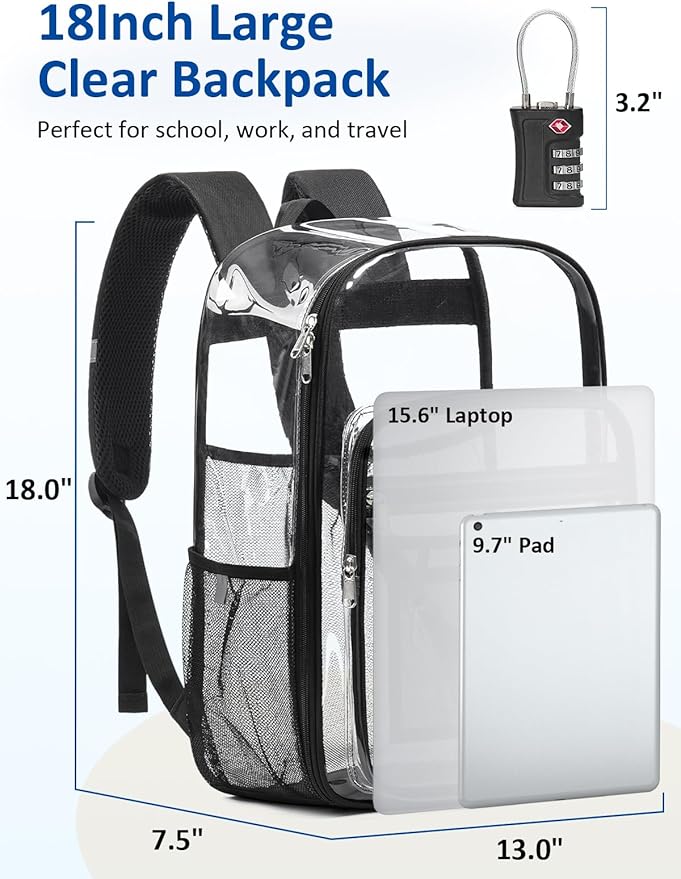 Extra Large Clear Backpack with TSA Lock, Heavy Duty Transparent See Through Clear Bookbag for College, Work, Travel, Casual Sport, Black