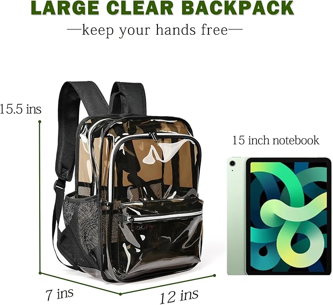 Clear Backpack,15 '' Clear Backpacks for School Heavy Duty PVC See Through Bag Waterproof Bookbag for Girls & Boys, 2 Pack