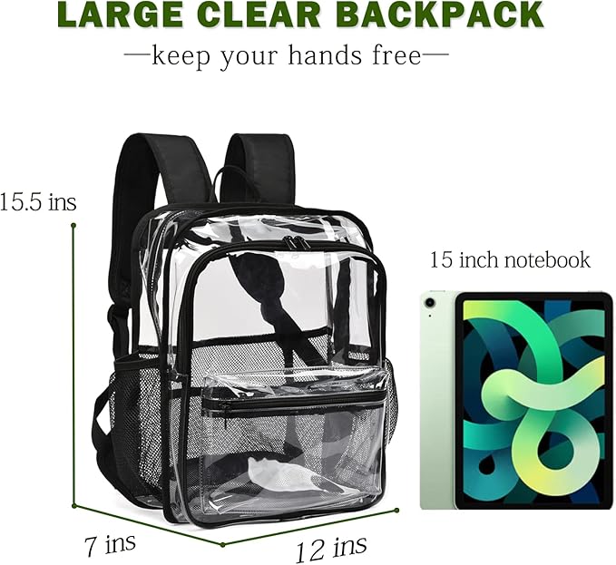 Clear Backpack,15.5 '' Clear Backpacks for School Heavy Duty PVC See Through Bag Waterproof Bookbag for Girls & Boys, Black