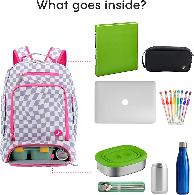 J World New York 2-in-1 Insulated Backpack Lunch Box for Kids. Adult School Bookbag, Lavender Checkers