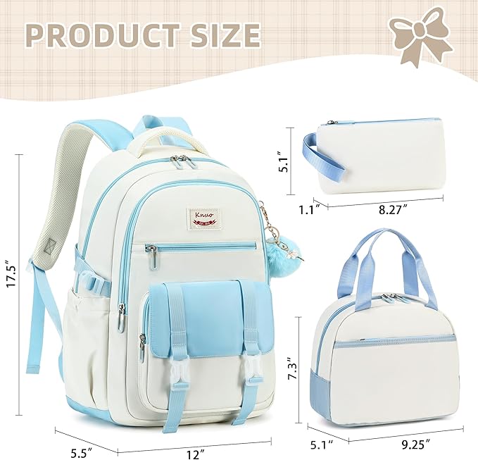 Backpacks for Girls,Laptop Bags for Women Men,3pcs Backpack with Lunch Bag Pencil Pouch Case for Teens Girl Kids Bookbag Elementary Middle School College Back Packs Student Daypack Blue Set