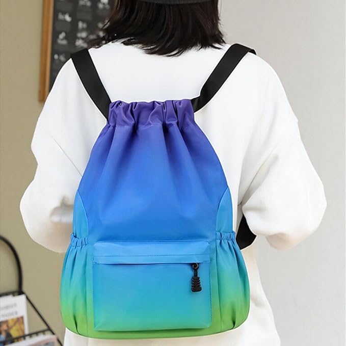 Drawstring Backpack for Women Drawstring Gym Bag Water Resistant Small Cinch Sack Pull String Backpack Bag (Blue-Green)