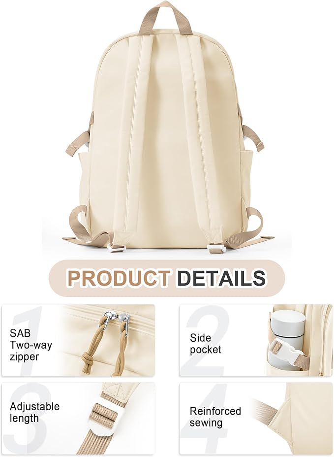 Aesthetic School Backpack for Women Men College Backpack With Lots Of Pockets Waterproof Travel Casual Daypack Cute Bookbag For Teens Girls Boys High School Bag(Beige)