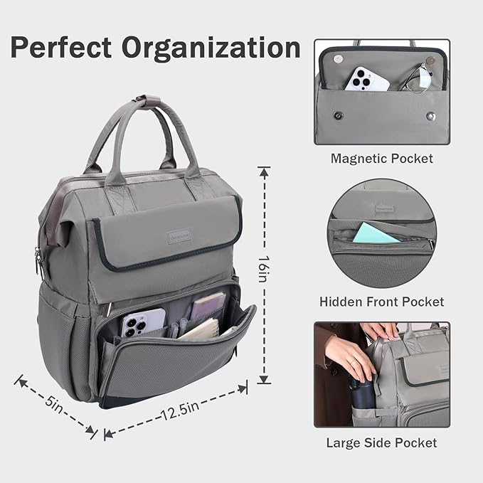 Laptop Backpack for Women & Men. 15.6 Inch Computer Backpack for Work Business, Waterproof Teacher Nurse Bag with Large Capacity, Lightweight College Bookbag Bags, Casual Daypack for Travel Grey