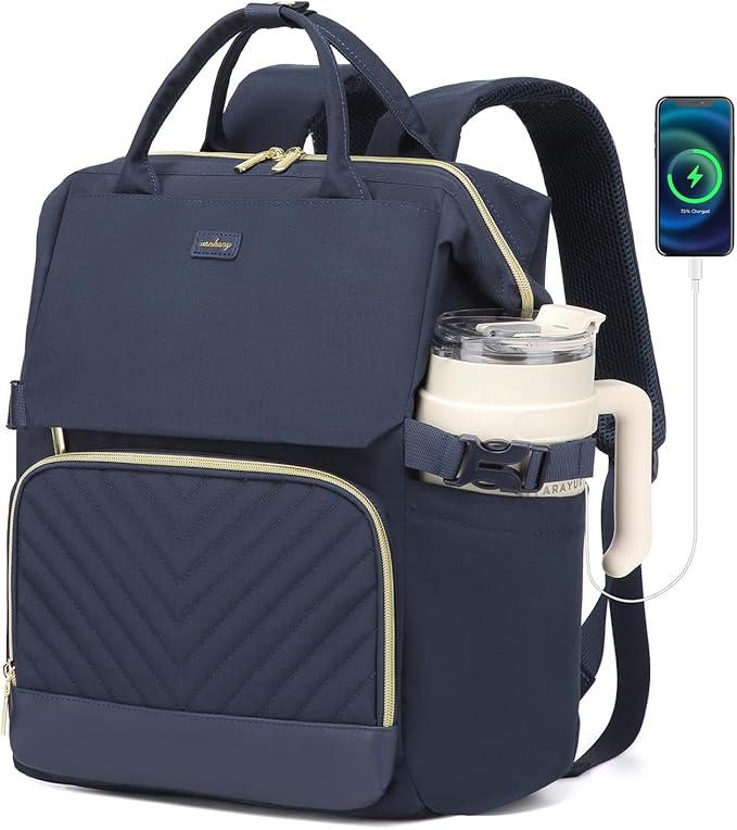 Computer Backpack for Women, Work Bag Laptop Bookbag with Cup Holder & USB Charger for Teacher Nurse College Travel Back Pack, Gifts, Navy Blue