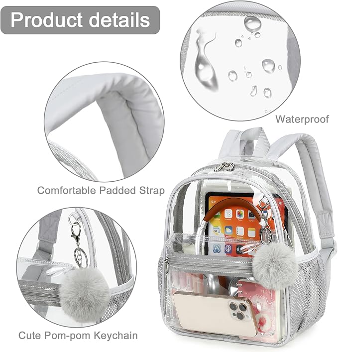 BTOOP Clear Mini Backpack for Stadium Events 12x12x6 Small Transparent Backpacks Plastic See Through Clear Bag for Concerts Work Festival Security Travel Gray
