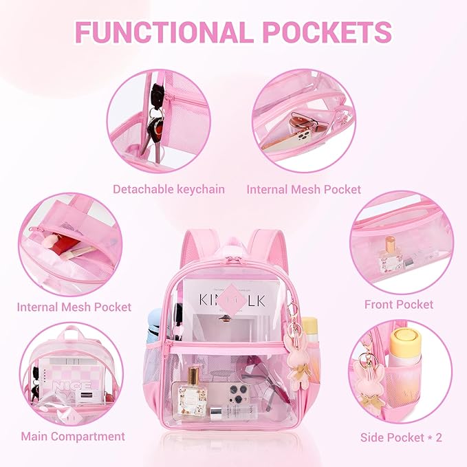 Clear Backpack for Stadium Events Approved 12×6×12, Thick TPU Mini Clear Bag with Front Pocket for Concert Sport Events Work Travel, Pure Pink