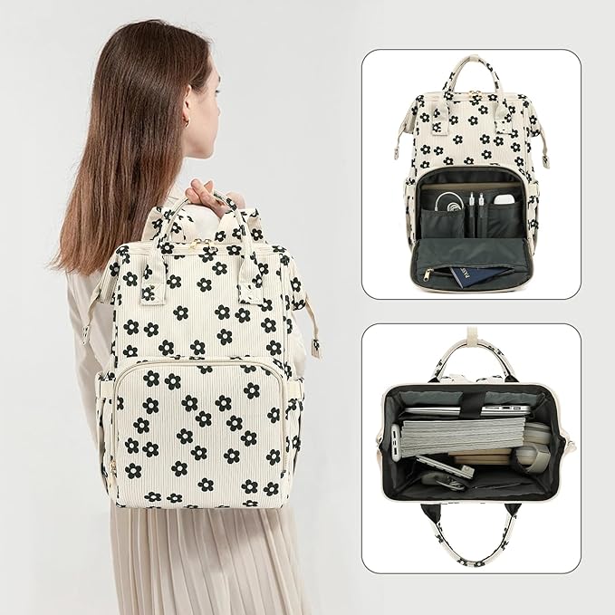 Laptop Backpack for Women, Corduroy College School Backpack Bookbag 15.6 inch Business Computer Travel Backpack (Flowers)