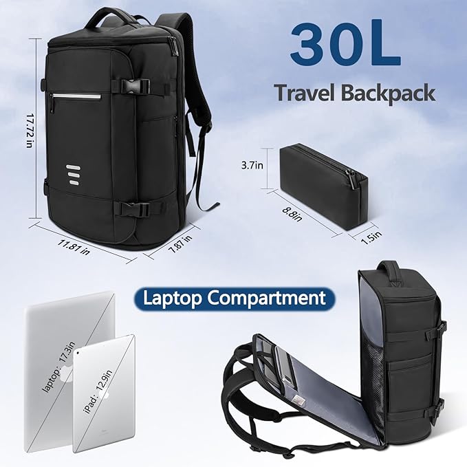 Travel Backpack for Men Women Large Lightweight Carry-on Laptop Backpack 30L Flight Approved Business Rucksack Water-Resistant Backpack Fits 17.3 inch Laptop for College Work Travel with a Small Bag