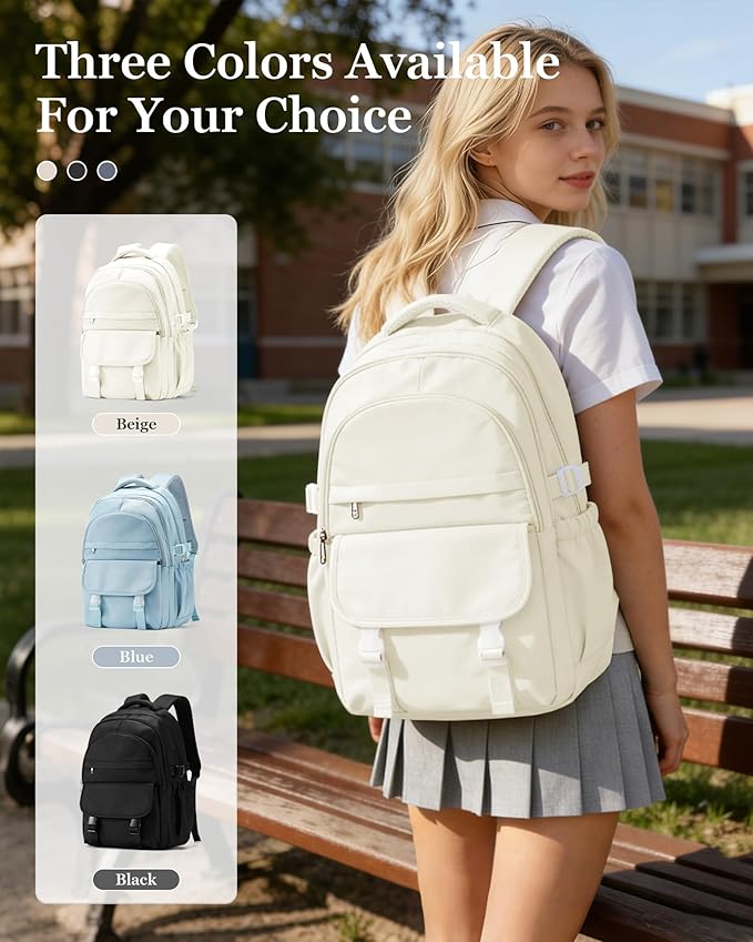 Waterproof Aesthetic Backpack For School, Cute High School Bookbag For Teen Girls Boys, Lightweight Casual Daypack Backpack For Women Men, College Backpack With Lots Of Pockets（Beige）