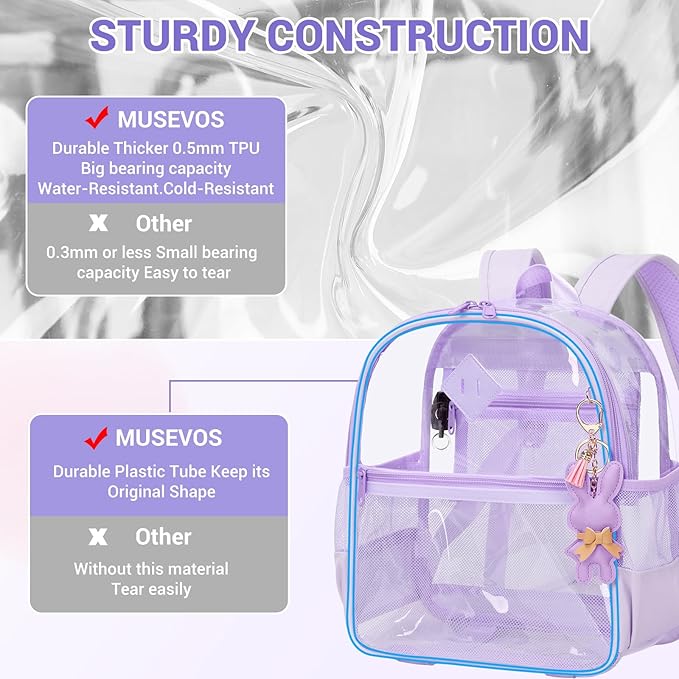 Clear Backpack for Stadium Events Approved 12×6×12, Thick TPU Mini Clear Bag with Front Pocket for Concert Sport Events Work Travel, Purple