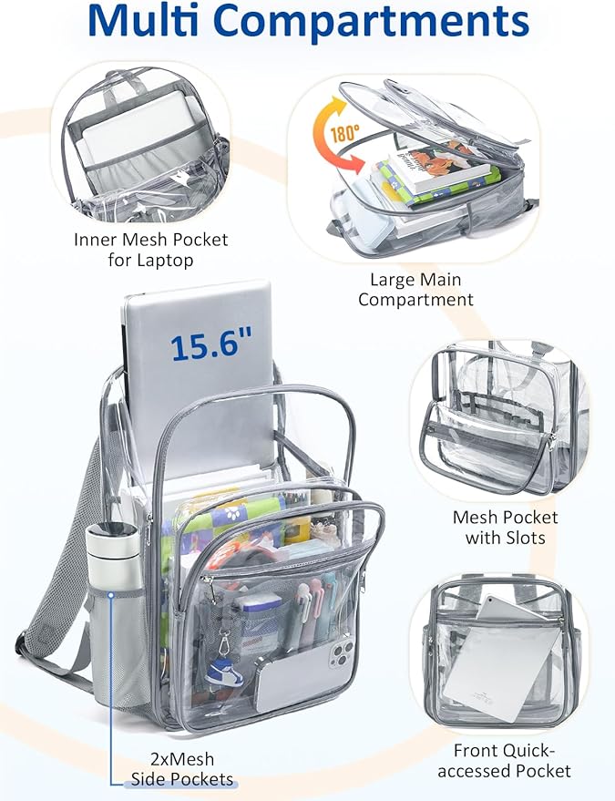 Extra Large Clear Backpack with TSA Lock, Heavy Duty Transparent See Through Clear Bookbag for College, Work, Travel, Casual Sport, Grey