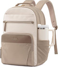 LOVEVOOK Laptop Backpack for Women with Leather Trim & Tumbler Pockets, 17.3" Work Backpack Purse, Travel Personal Item Bag, Carry On Business Computer Bag for Office, School, or Gift, Soft Taupe