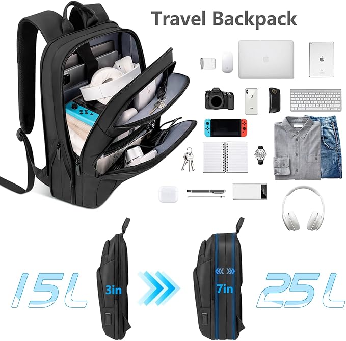 Backpack for Men Slim & Expandable Travel Laptop Backpack with USB Charging Port Water Resistant Anti-Theft Business Backpack Fits 17.3In Laptop for Commute Work College with Small Bag（Business Black）