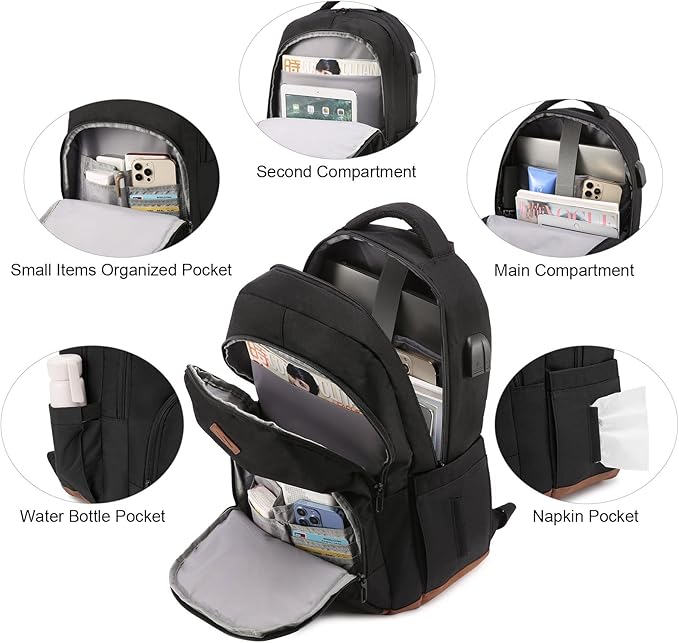 LOVEVOOK School Backpack for Women Men Black Backpack with 17.3" Laptop Compartment Lightweight Bookbag for College Work High School