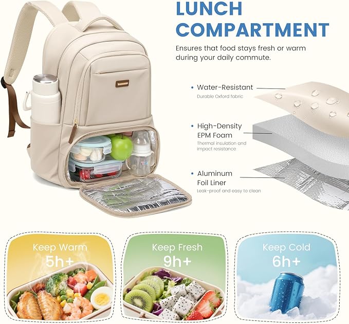 Lunch Backpack 16 Inch Laptop Backpack with Insulated Cooler Lunch Box Food Bag for College Work Camping Picnics (Apricot)