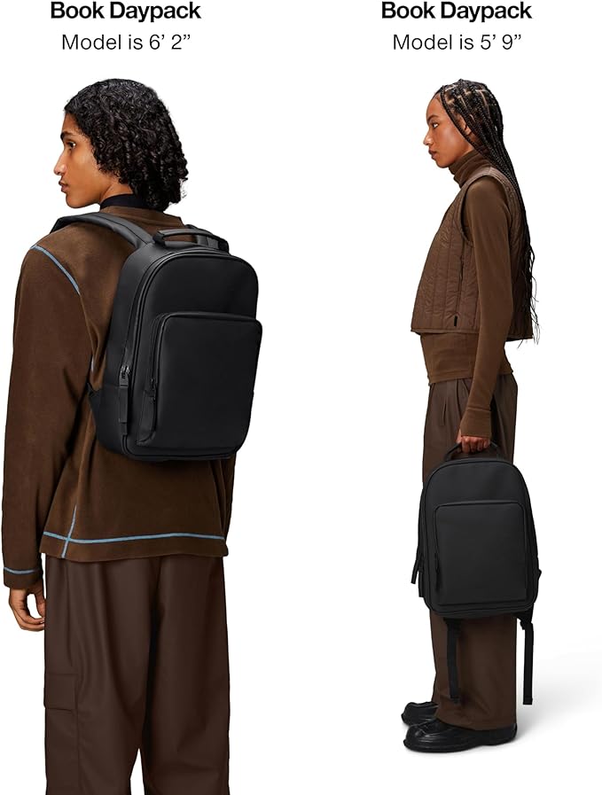 RAINS Book Daypack Regular Black Laptop Backpack for Men and Women, Waterproof Black Minimalist Commuter Bag with 15”-16"