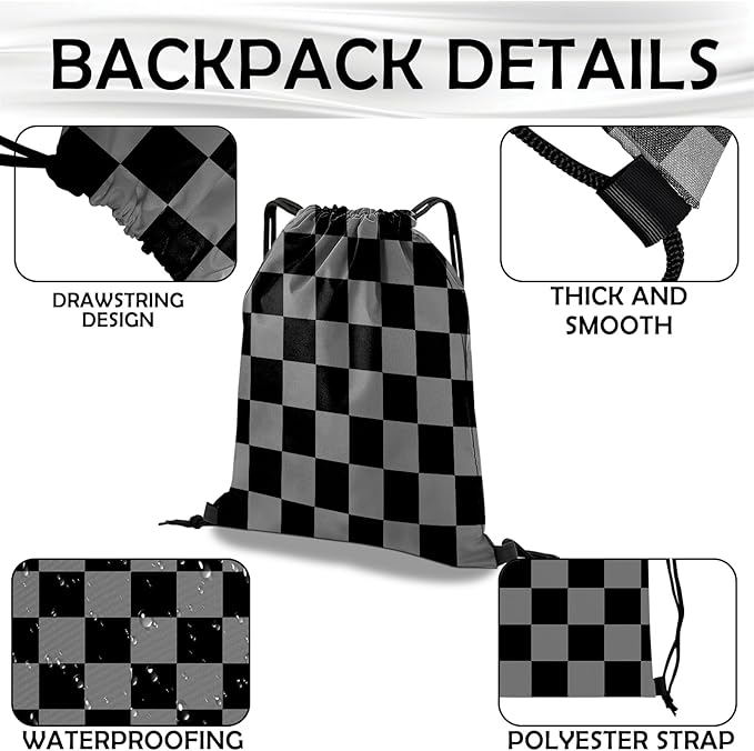 Drawstring Backpack Draw String Bag Waterproof for Sports Gym Beach Travel Cute Aesthetic Sackpack Men Women (13"×17")-Black Gray Checkered
