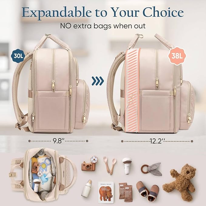 Diaper Bag Backpack - Extra Large Diaper Bag for 2 Kids Twins (Expandable 30L-38L) - Cute Travel Baby Backpack with Changing Pad for mens women (Quilted, Water Resistant)