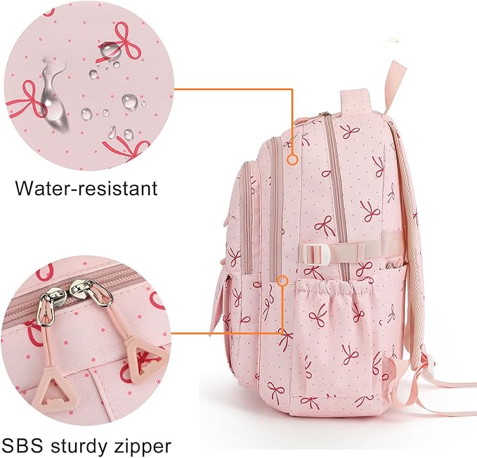 Phaoullzon Girls School Coquette Backpack for Kids Kawaii Bows Bookbag College Daypack,Pink Bow