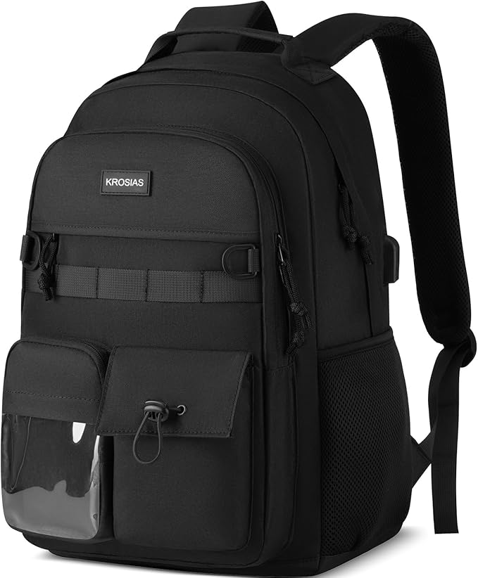 Black Backpack for Women Men, High School Bookbag for Teen Boys and Girls 15.6 Inch Laptop Bag with USB Charger for College Travel Business