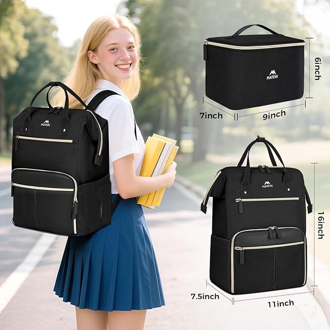 MATEIN Lunch Backpack, 15.6 Inch Laptop Backpack with Lunch Box, Stylish Nurse, Teacher Work Backpacks with Insulated Compartment, Meal Prep Bag for Women Men Commute Outdoor Picnic Camping, 2Pcs Set